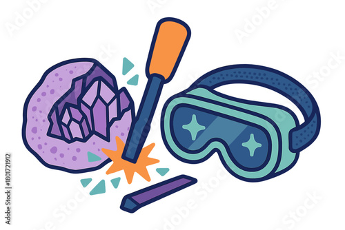 Mining tools for gemstone extraction with crystal rock and safety goggles