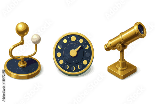 Golden icons for astronomy and timekeeping: orrery, moon phase clock, and telescope