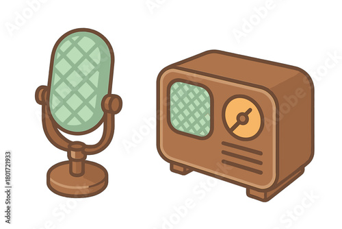 Isometric set of vintage microphone and retro radio receiver icons