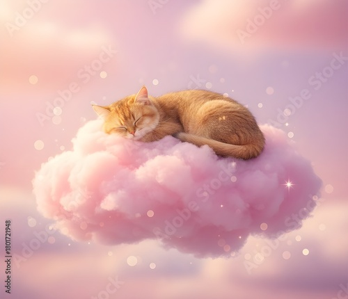 Cute Sleeping Cat on Pink Fluffy Cloud Fantasy Scene.