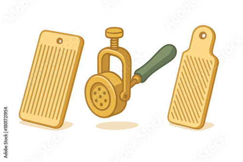 Traditional pasta making tools including wooden gnocchi boards and press