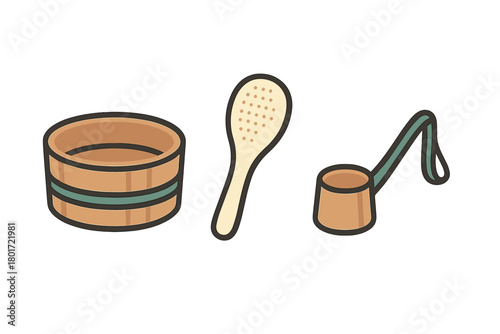 Traditional wooden sauna bucket ladle and scoop set icons