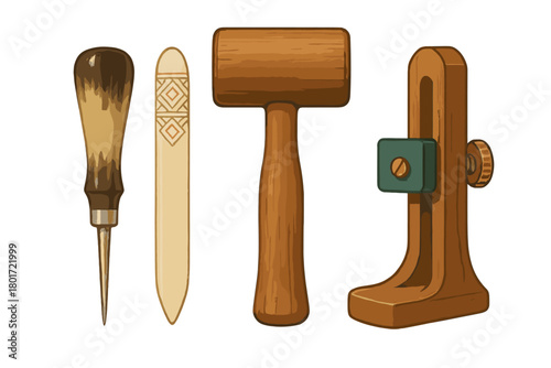 Traditional leatherworking tools set including awl slicker and stitching pony