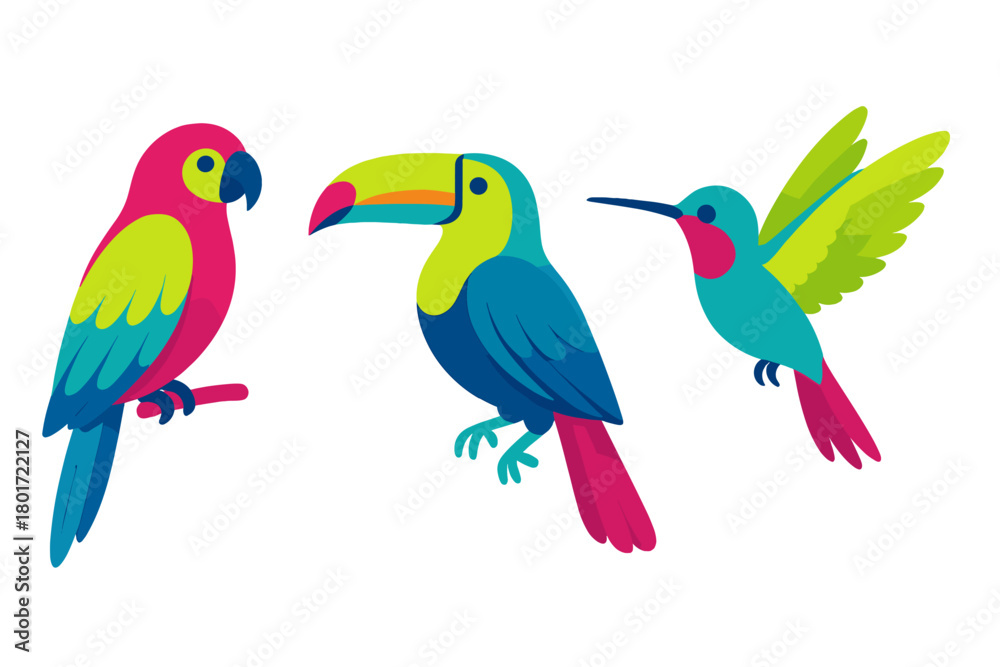 Naklejka premium Colorful tropical birds collection featuring parrot, toucan, and hummingbird