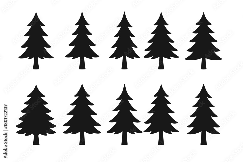 Fototapeta premium Ten stylized black pine tree silhouettes arranged in two horizontal rows