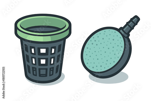Isometric icons of aquarium air stone and small waste basket