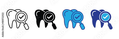 Icon set representing dental examination with magnifying glass and checkmark, symbolizing oral health, diagnostics, and care for teeth