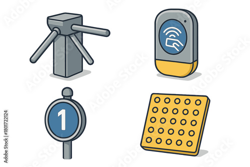 Isometric icons set for access control system with turnstile and card reader