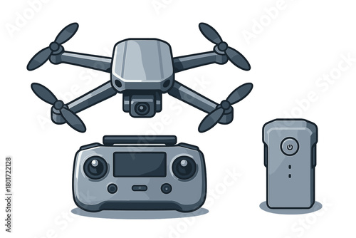 Quadcopter drone with remote controller and battery pack icon