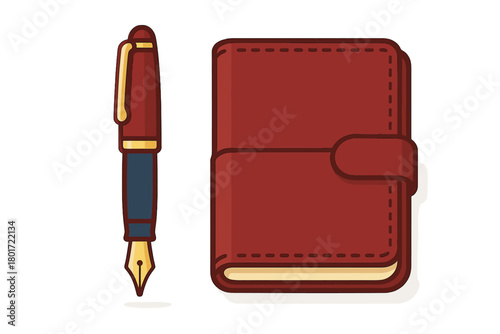 Red leather bound notebook and classic fountain pen set
