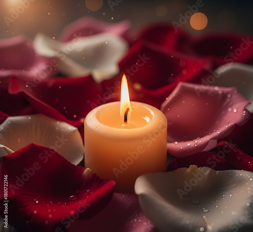 Romantic Candle with Red Rose Petals in Soft Warm Light.