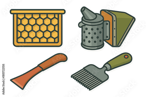 Essential Beekeeping Tools and Honeycomb Frame Icons Set