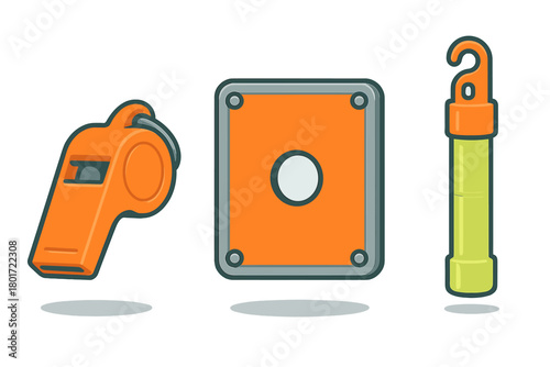 Essential emergency safety equipment collection featuring whistle and light stick