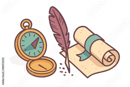 Vintage compass quill pen and rolled parchment scroll icons set