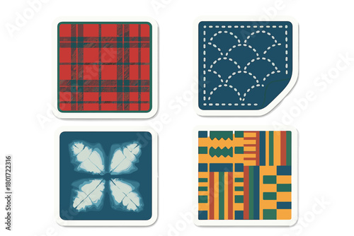 Four textile pattern swatches with rounded corners