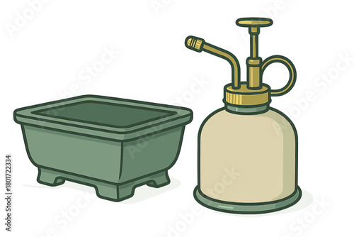 Bonsai planting tray and vintage hand mister sprayer set for miniature gardening