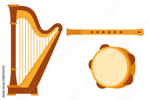 Harp flute and tambourine musical instrument collection