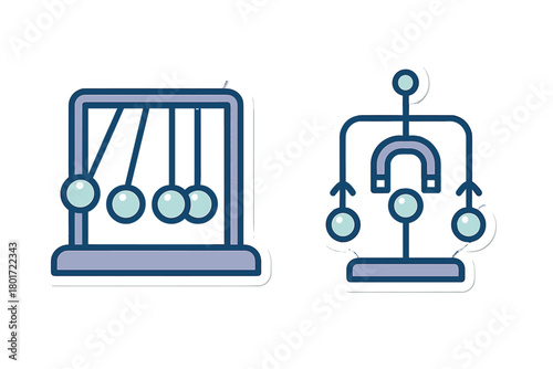 Physics concept icons featuring Newton cradle and magnetic attraction