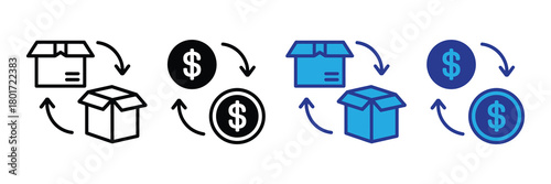 Illustration of a shipping box icon with arrows indicating exchange and dollar coins representing monetary transaction in a circular flow. conceptual graphic.