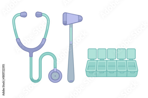 Medical diagnostic tools including stethoscope reflex hammer and pill organizer