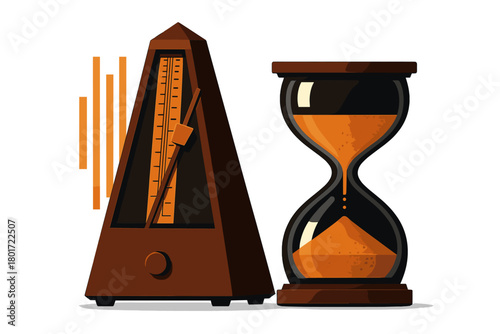 Metronome and hourglass measuring time and musical rhythm concept
