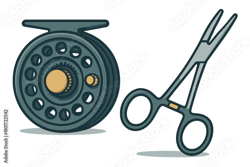 Fishing reel and hemostat tool isolated on white background