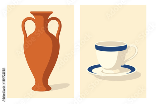Terracotta amphora and blue striped coffee cup with saucer set