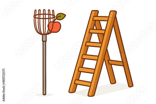 Wooden step ladder and long handled fruit picker tool