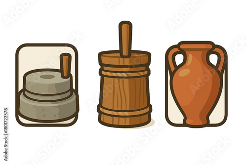 Set of antique grinding stone wooden bucket and clay amphora icons