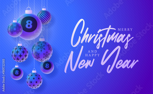 billiard Christmas and New Year sport banner. Merry Christmas tech greeting card with xmas ball as a bauble on purple neon background. Vector illustration