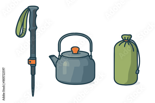 Collapsible trekking pole, camping kettle, and stuff sack for outdoor travel
