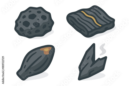 Four dark mineral or charcoal icons for game assets