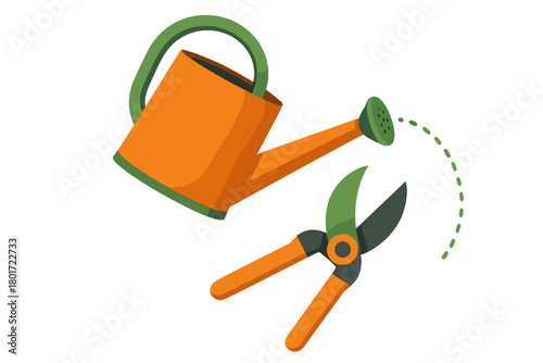 Orange watering can and pruning shears garden tools set