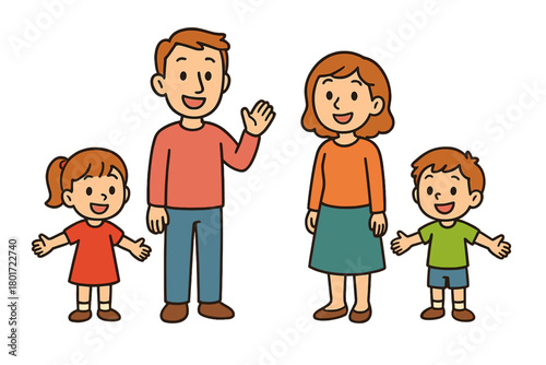 Cheerful cartoon family of four waving hello to viewer
