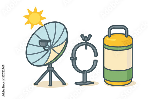 Satellite dish receiver antenna with sun, clamp, and gas cylinder icons