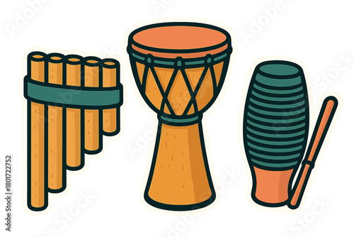 Traditional percussion instruments including pan flute djembe and conga drums
