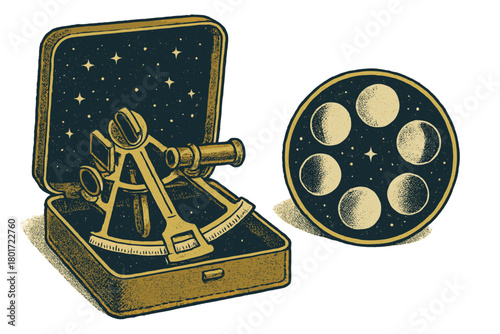 Antique navigational sextant in open case with celestial moon phase disc
