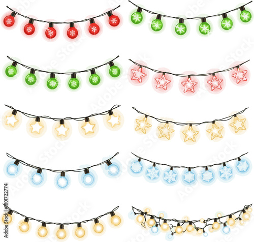Isolated a kinds of deferent Christmas lights garland isolated on dark background. Glowing lamp light with sparkles. Christmas, New Year, wedding or Birthday decorations vector art .