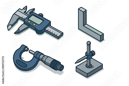Isometric set of precision measuring instruments including caliper and micrometer