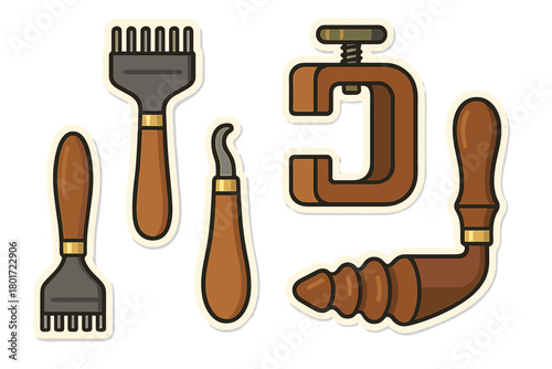 Set of five essential leather crafting tools with wooden handles and sticker effect