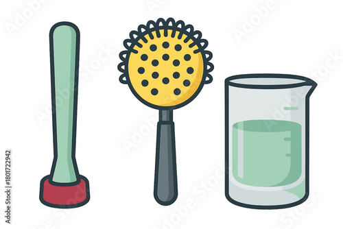 Set of essential bar tools including muddler, strainer, and measuring beaker