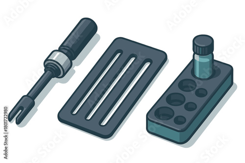 Isometric set of dental or laboratory tools and vial holder