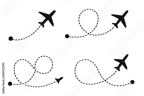 Four airplane flight paths with dashed lines and navigation waypoints