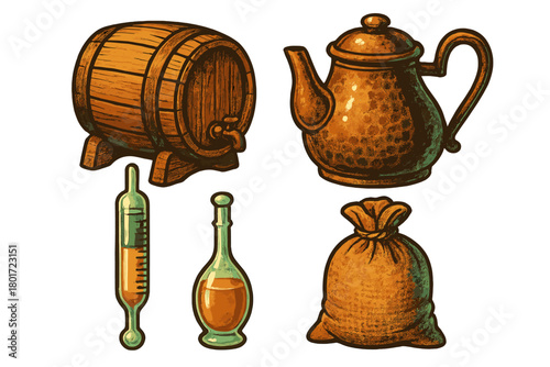 Assortment of antique brewing and measuring containers with wooden barrel