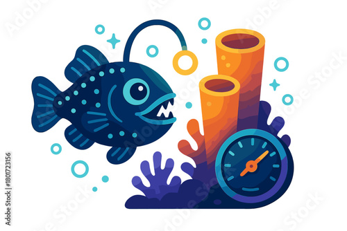 Detailed of a deep sea anglerfish with a bioluminescent lure swimming near vibrant orange tube sponges and a pressure gauge
