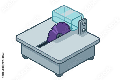 Isometric miniature table saw with purple blade and safety guard