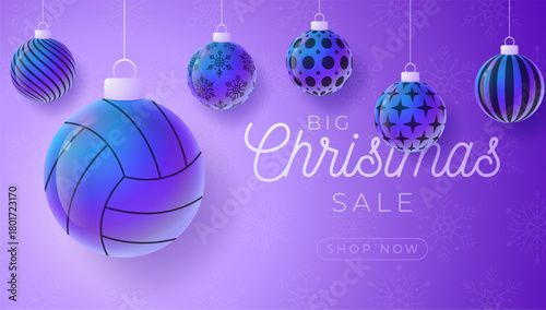 volleyball Christmas and New Year sport banner. Merry Christmas tech greeting card with xmas ball as a bauble on purple neon background. Vector illustration