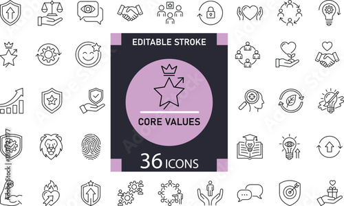 Minimal Core Values 36 line icons for integrity, teamwork, innovation, and leadership