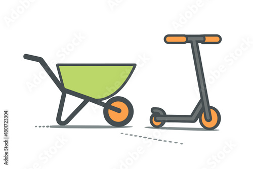 Wheelbarrow and kick scooter with orange wheels on white background