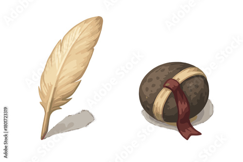 Feather quill pen beside ancient textured stone artifact with ribbon